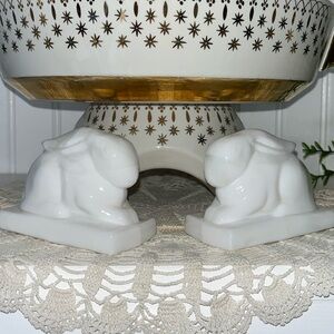 Vintage Heisey Glass Rabbit Bookends White Opal Milk Glass MCM Weighted Pair
